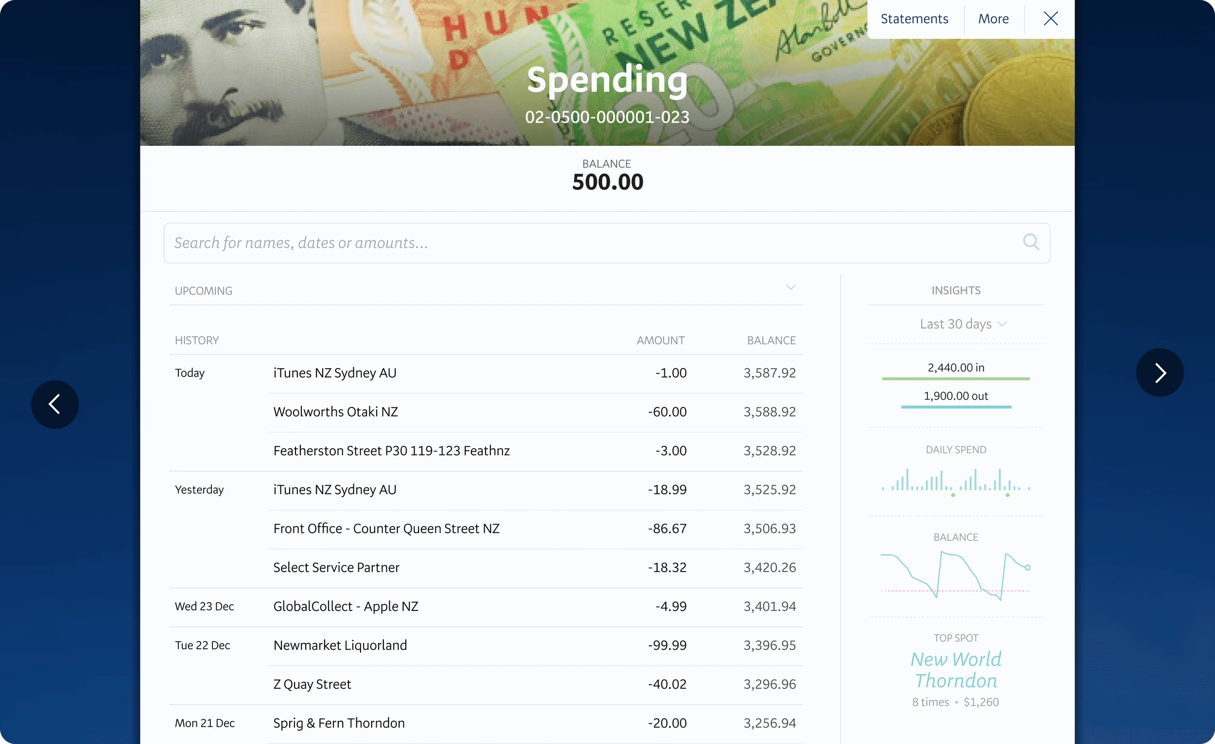 Insights to sit alongside account transaction views.