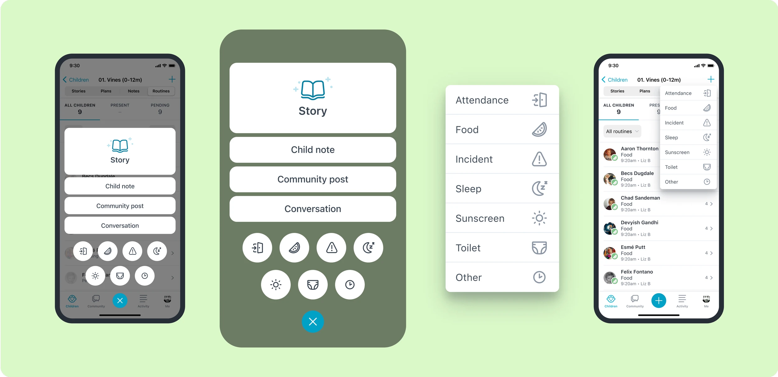 Quick actions to create new learning documentation, comms, or routine records.