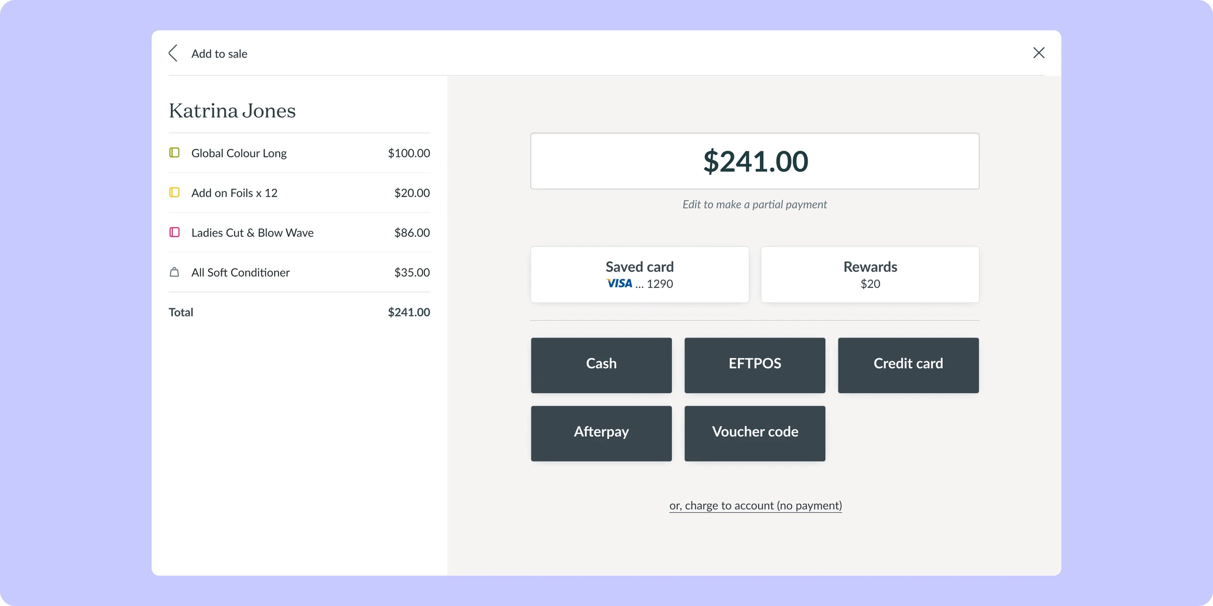 Lots of tasty sales nuance, around pricing, payment types, discounts, saved cards, shop credit, reward schemes, etc.