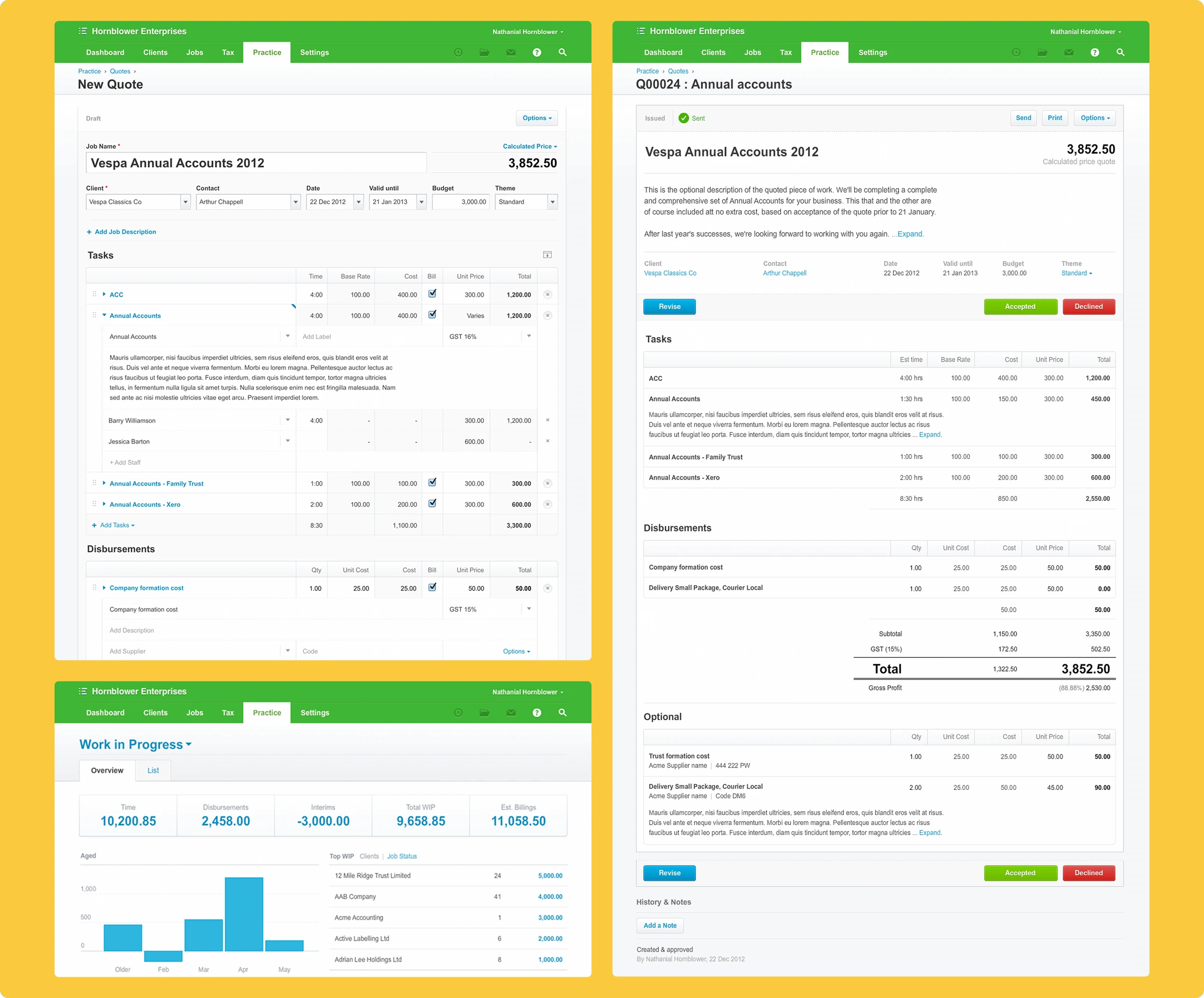 Big plans connecting the whole accounting practice pipeline, from leads, to quotes, to job management, report creation, time management …